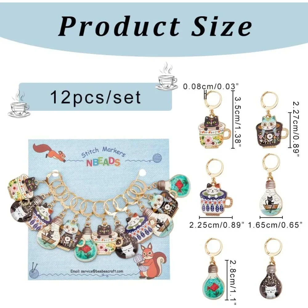12 Pcs Cup Cat Stitch Markers, 6 Colors Alloy Enamel Cat Crochet Stitch Marker Charms Removable Locking