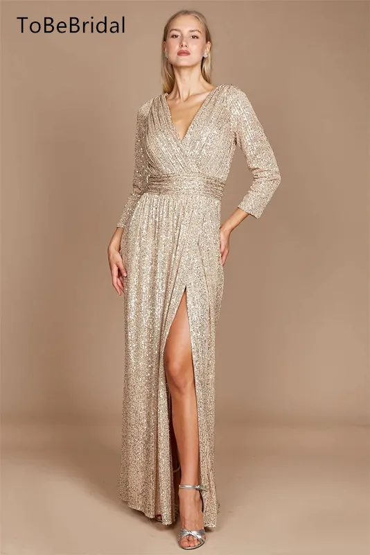 

Elegant Women's Evening Dresses V-Neck Long sleeved Floor length Bridal Mom Dress Sparkling Sequins A-line Formal Occasion Dress