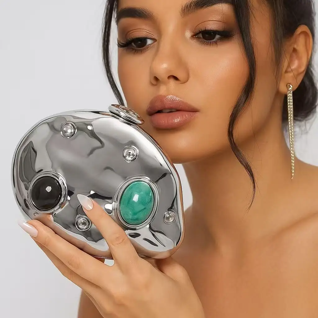 Gold Stone Evening Purses Bags Hard Metal Women Crystal Wedding Formal Clutch Diamond Lady Bridal Dinner Purse Banquet