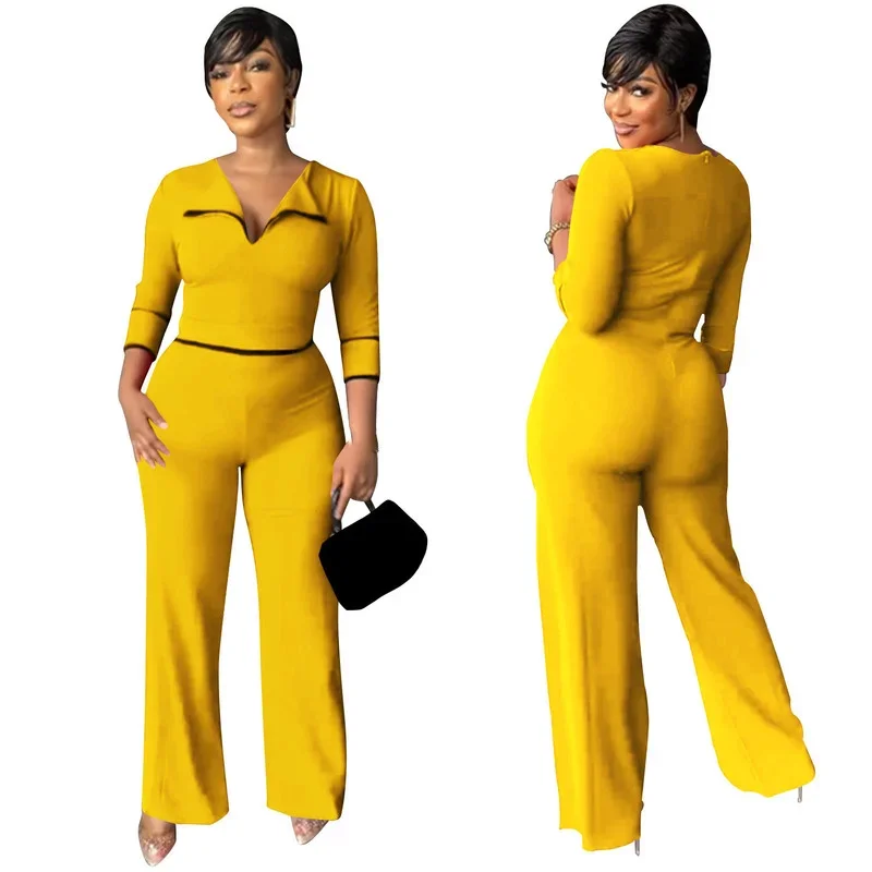 

KEXU Zipper V Neck Straight High Waist Jumpsuit Long Sleeve Soild Office Lday One Piece Overalls Outfit Women Playsuit