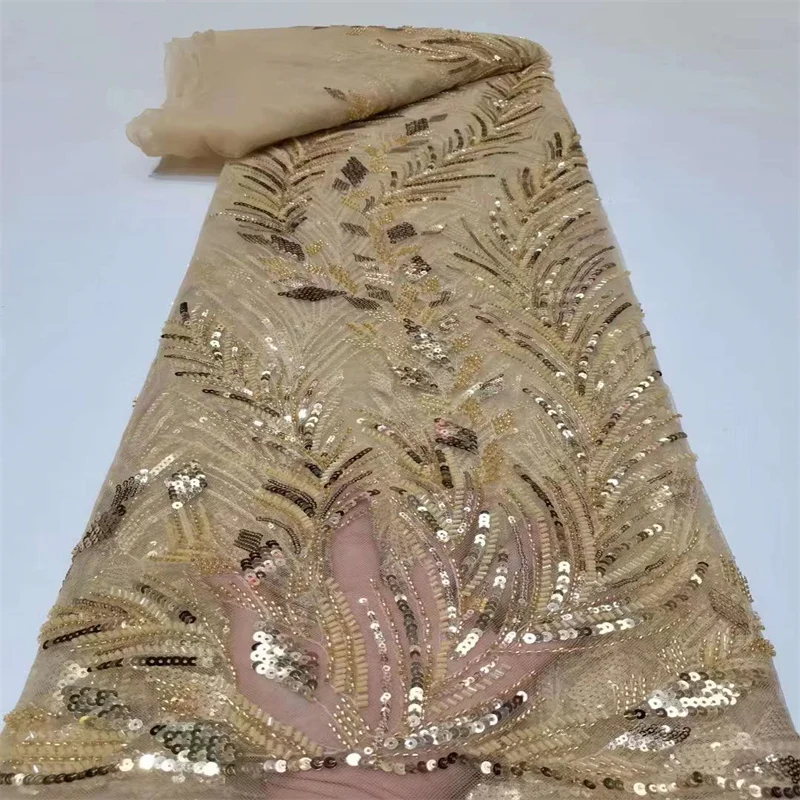 

Gold New Metallic Silver Thread African Lace Fabric High Quality Silver Sequins Embroidery 5 Yards Nigerian Lace Fabric 2022