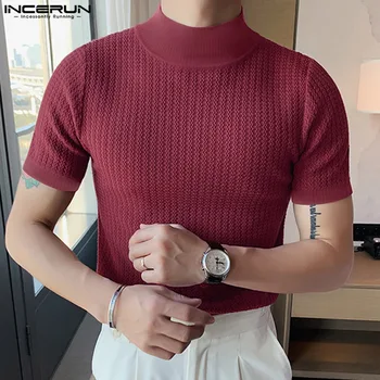 INCERUN 남성용 캐주얼 심플 스타일 상의, 뜨게 핏 스트립, 세련된 솔리드 하프 하이 칼라, 반팔 티셔츠, S-5XL 2023