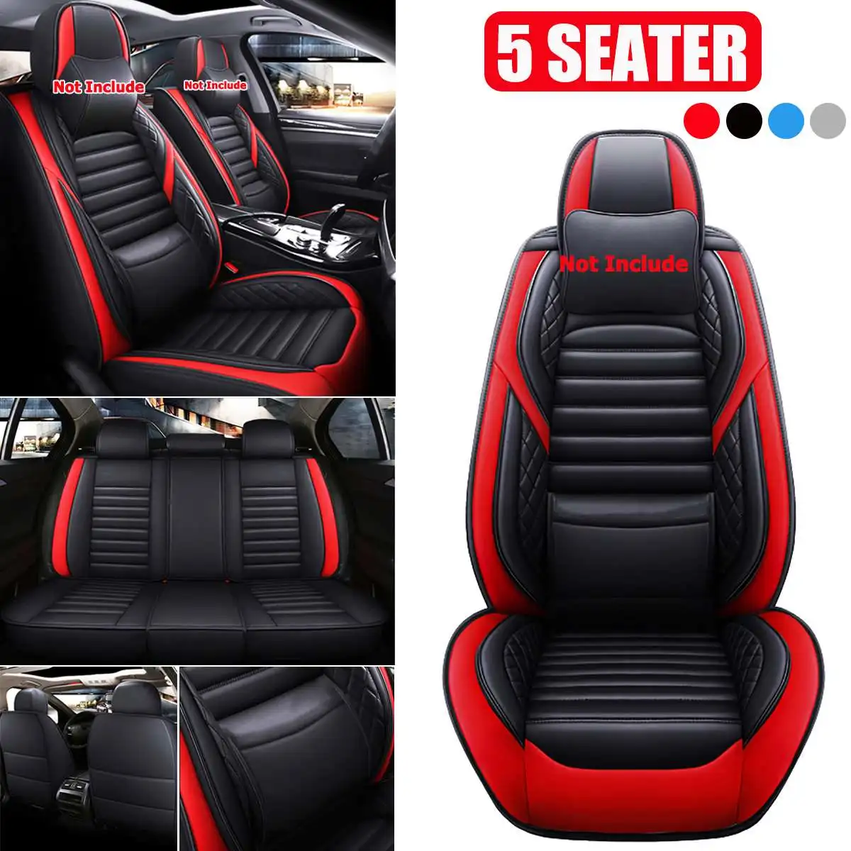 5-Seats Car Cushions Black & Red PU Leather Seat Covers Auto Front+Rear Full Set