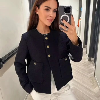 TRAF 여성용 포켓 트위드 잭 코트, 빈티지 긴팔, 앞 단추, 여성 아우터, 세련된 상의, 패션 상품 이미지