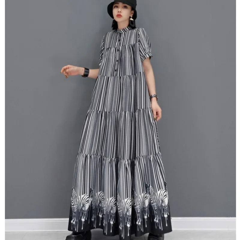 

2023 Summer Short Sleeve Pullover Dress Loose Mid-length Leisure Stripe Printing Cake Dress
