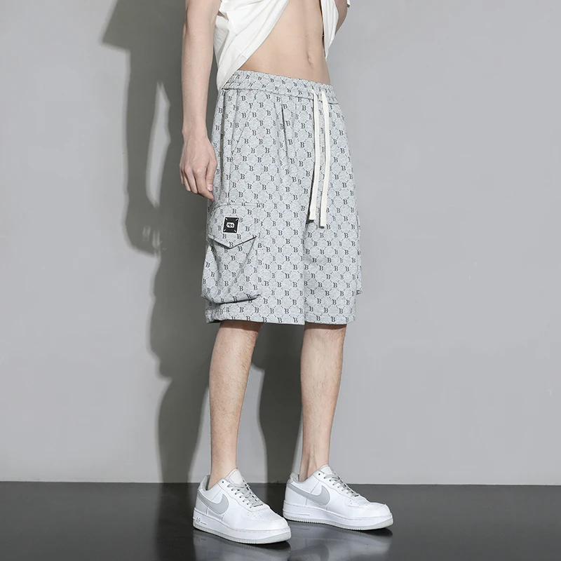 Stylish Korean Letter Printed Casual Shorts Pockets Men's Clothing Commute Loose Straight Summer Elastic Drawstring Knee Pants