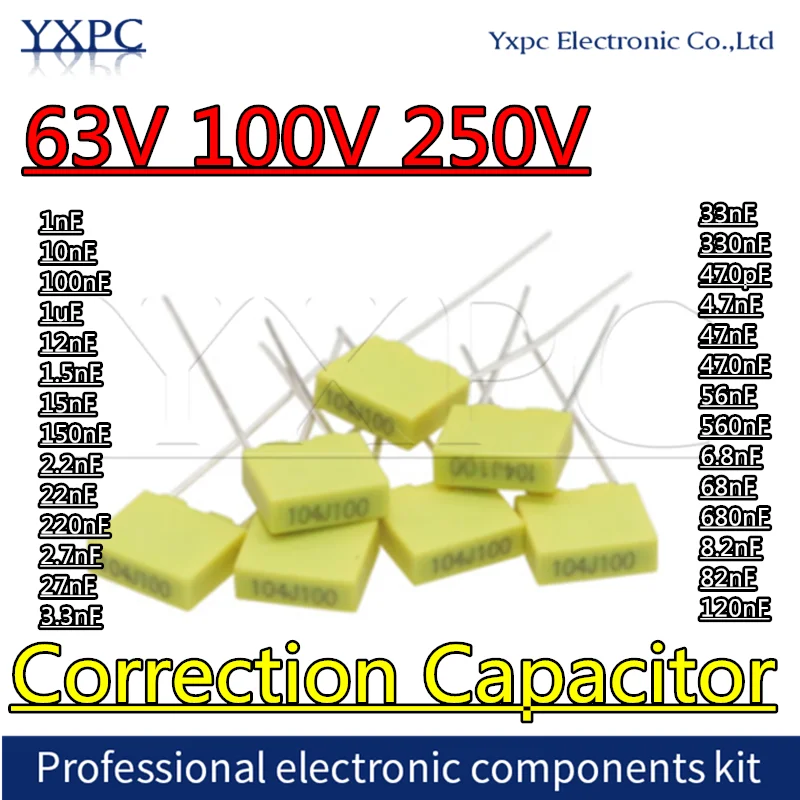 

10pcs 63V 100V 250V Correction capacitor Polypropylene Safety Plastic Film 1nF 10nF 100nF 1uF 12nF 1.5nF 15nF 150nF 2.2nF 22nF