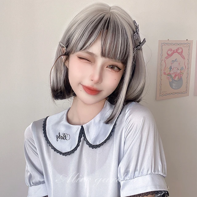 OLACARE Short Black Gray Highlight Bangs Synthetic Wig Lolita Cosplay Fashion Daily High Temperature Resistant Wig Woman 2