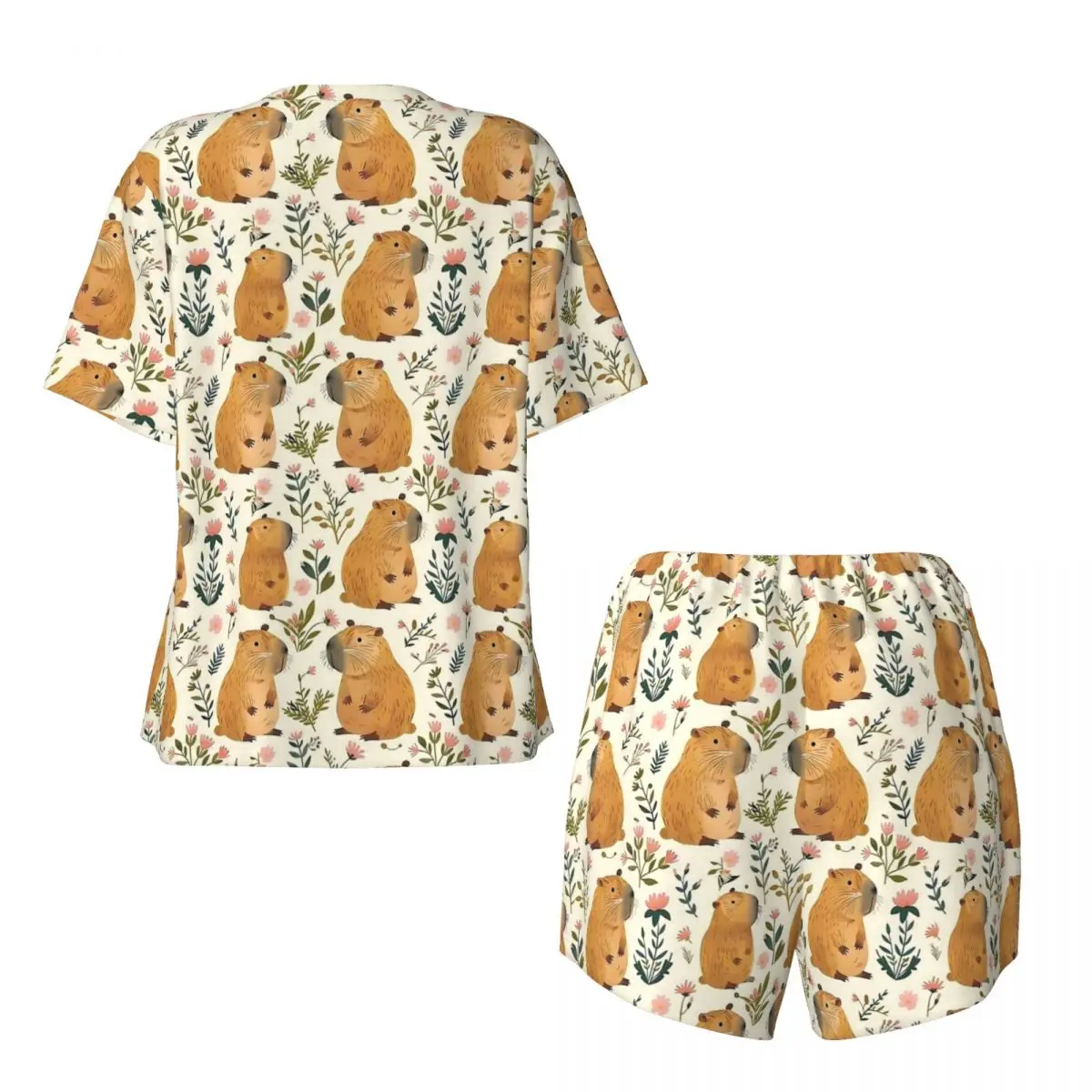 Cute Capybara Art Pajamas Animal Room O Neck Sleepwear Women 2 Piece Short Sleeve Fashion Pajamas Set