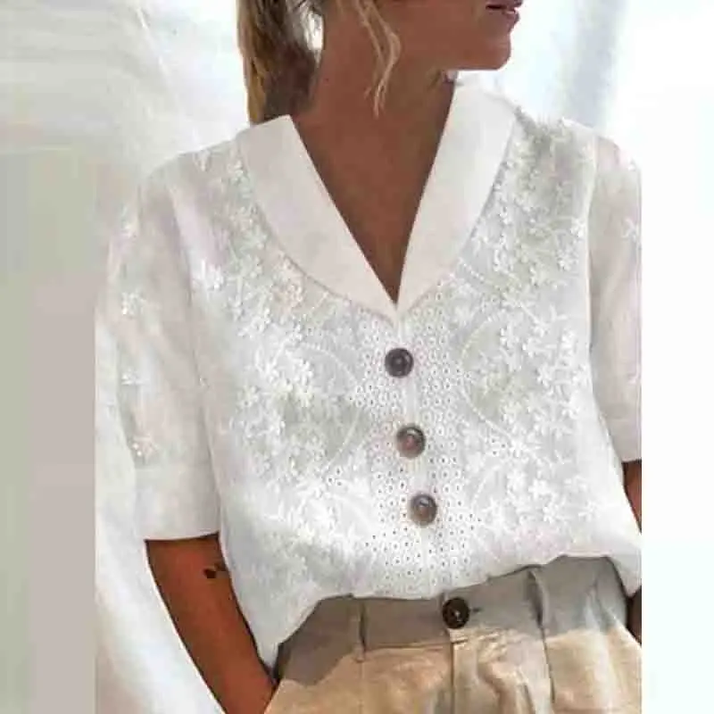 

2023 New Spring Summer Printed Short Sleeve V Neck Tops Women Fashion Casual Single Breasted Office Blouse T shirt Restore