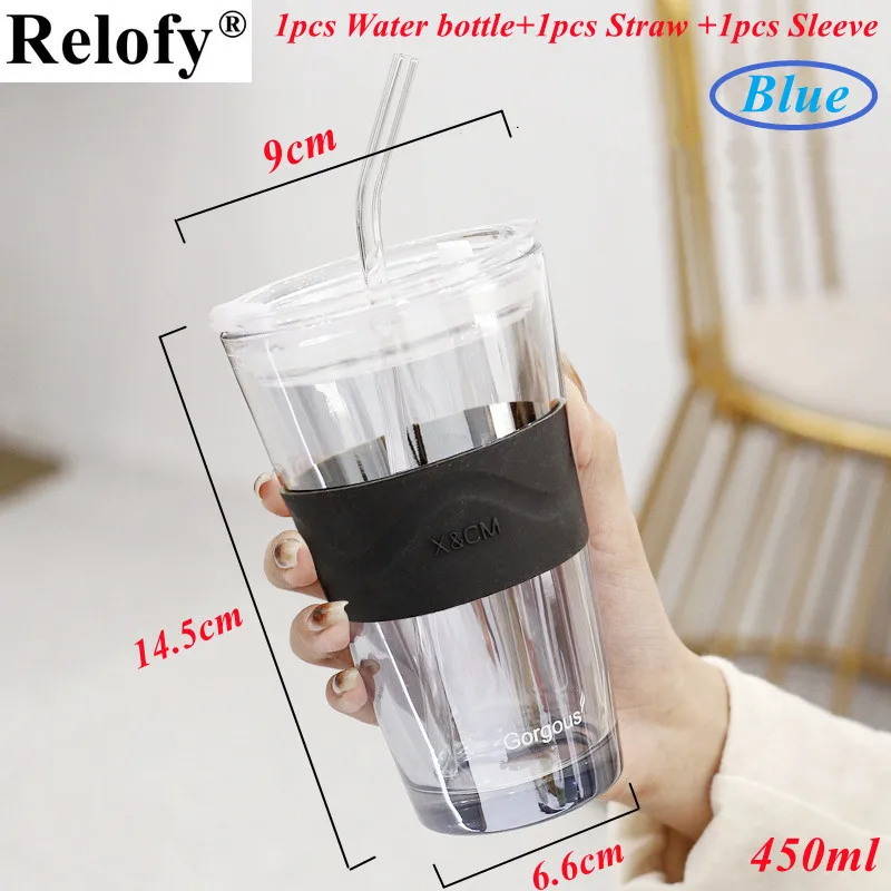 Glass Straw Cup With Thermal Insulation Cover 350/450ml Portable Coffee  Milk Tea Juice Reusable Glass