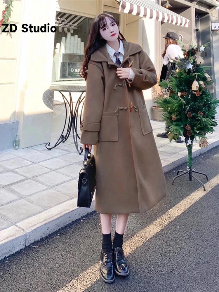 

Женское шерстяное пальто средней длины [ZD Studio], черное пальто из хлопка и шерсти, на пуговицах из рога, большого размера, Осень-зима 2023