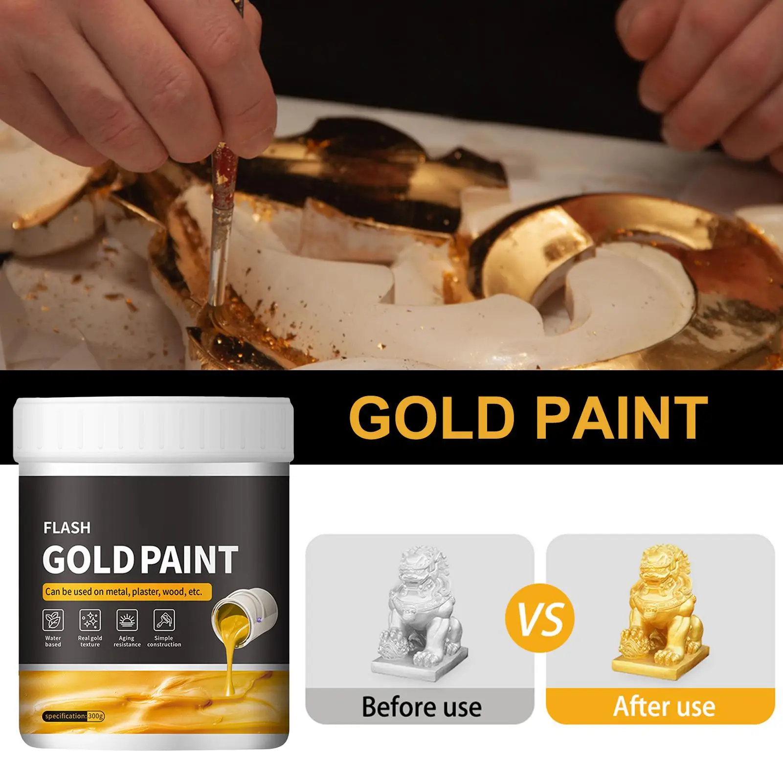 1pc Liquid Gold Foil Paint 300g Liquid Gold Foil Paint Quick Drying Metal Plaster And Wood Painting Easy To Apply Art Supplies