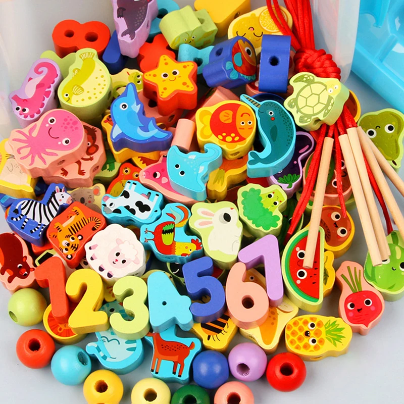 

12/16/23/25pcs Baby DIY Toy Wooden Toys Cartoon Fruit Animal Stringing Threading Wooden beads Toy Educational for Kids
