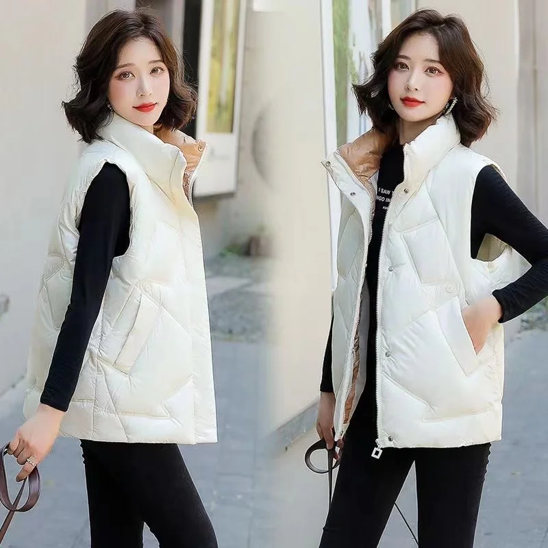 

Sleeveless Vest Women Winter Warm Down Cotton Padded Jacket Female Veats Stand Collar Contrast Waistcoat Student Short Vest Coat