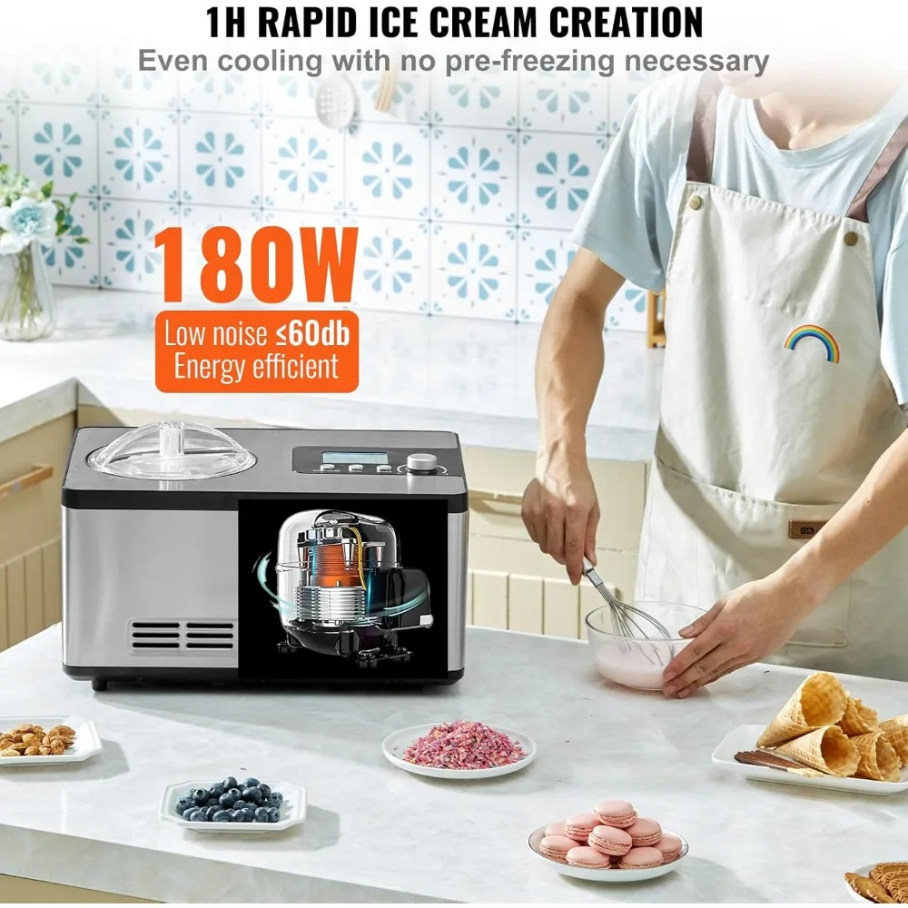 Automatic Ice Cream Maker with Built-in Compressor, 2 Quart No Pre-freezing Fruit Yogurt Machine, Stainless Steel 4