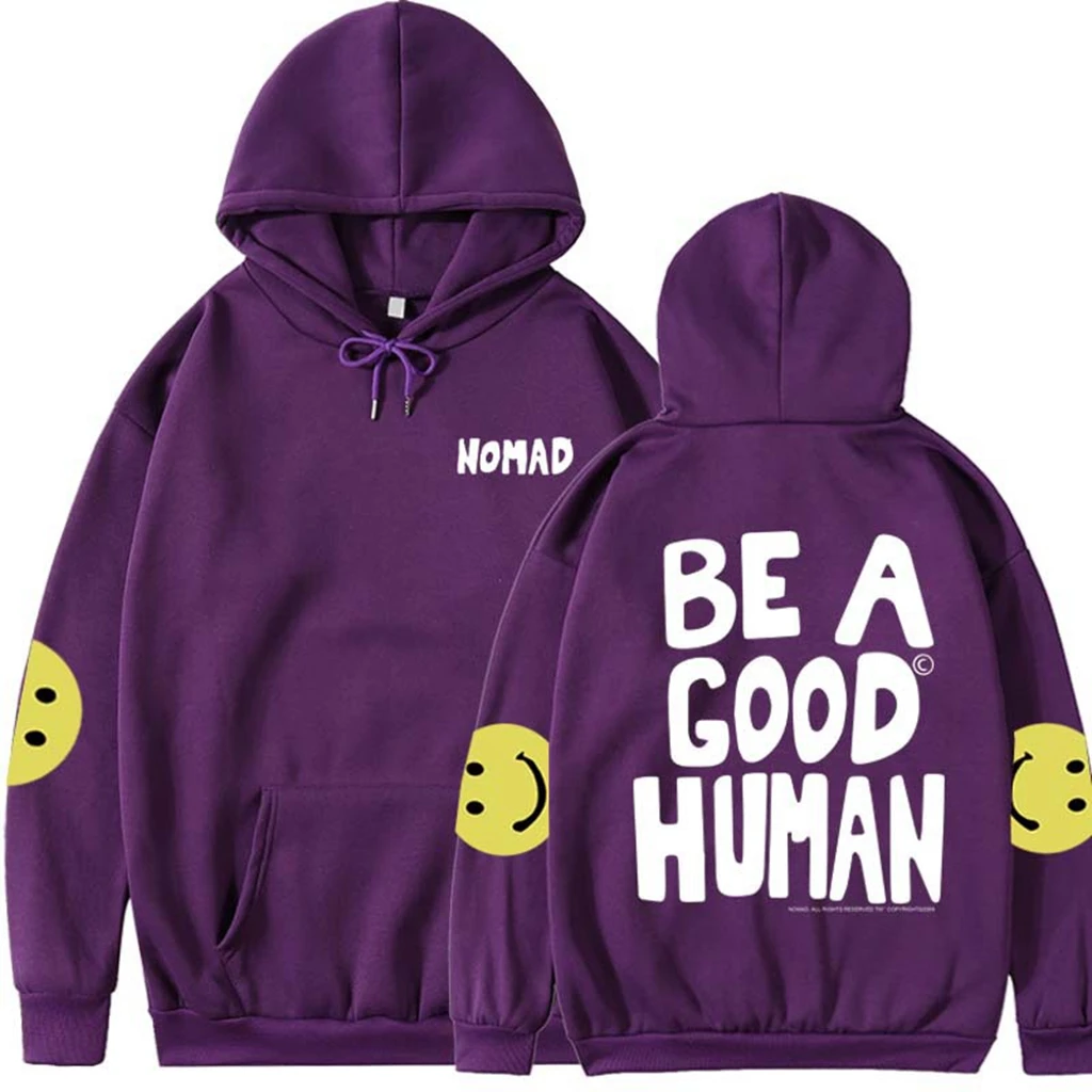 NOMAD BE A GOOD HUMAN JIM 주변 동일 후드, Y2k 후드 셔츠 탑, 여성 의류, 루즈 풀오버, 가디건, 스웻셔츠
