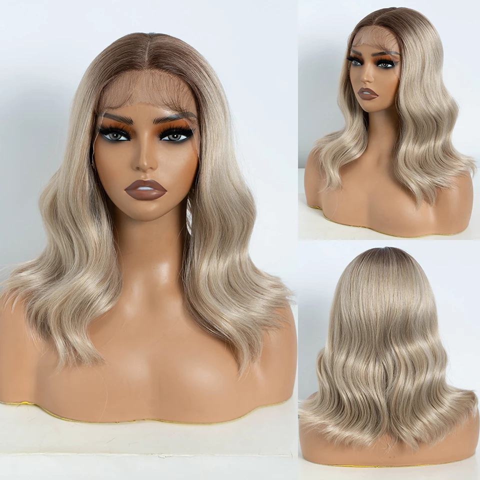 Synthetic Lace Front Wig for Women 14 Inch Body Wave Short Bob T Part Ombre Blonde Brown Cosplay synthetic wig