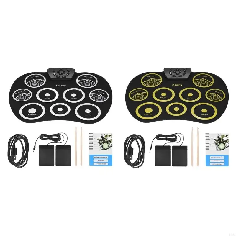 H8WC Electric Drum Set 9 Drums Kids Practice Pad Electronic Drum Set with Built in Speakers, Sticks, Headphone Out