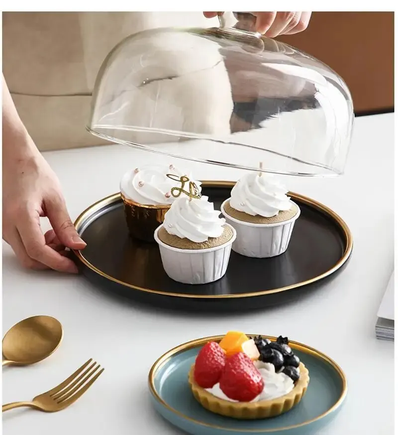 Ceramic Western Food Plate with Glass Cover Cake Tray Phnom Penh Matte Frosted Dessert Fruit Home Decor Storage