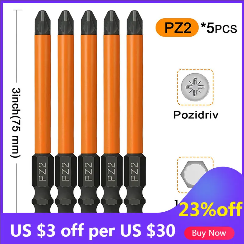 5Pcs PZ2 Impact Screwdriver Bits Set 75mm Pozidriv Driver Bit Cross