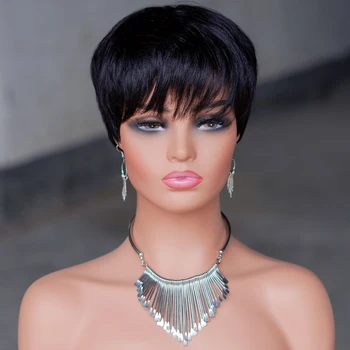 Short Pixie Cut Human Hair Wig for Women Natural Black Brazilian Hair Wig Machine Made Wigs with Bangs  Cheap  Layered Cut  Wigs