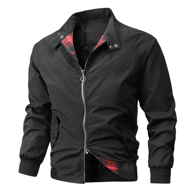 

Thin double-ended zipper plaid with stand-up collar for men's casual jacket