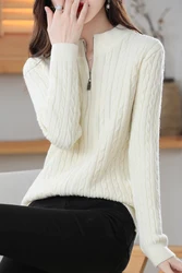 New Autumn And Winter Loose Wool Cardigan Female Zipper Twist Long Sleeve Knit Round Neck Sweater Solid Color Coat Jacket