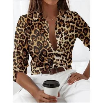 S.H ARAB SHOP قميص نسائي جديد بأكمام طويلة بنقشة جلد الفهد 1
