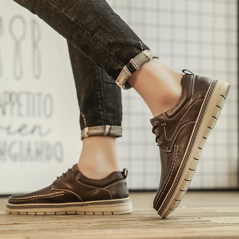 Men's Casual Leather Shoes Flat Lace Up Sneakes Business