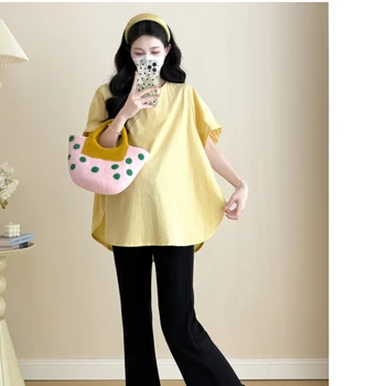 Korean Style Summer Cotton Maternity Shirt Short Sleeve O-neck Side Split Plus Size Asymmetrical Pregnancy Blouses Loose Fit Top