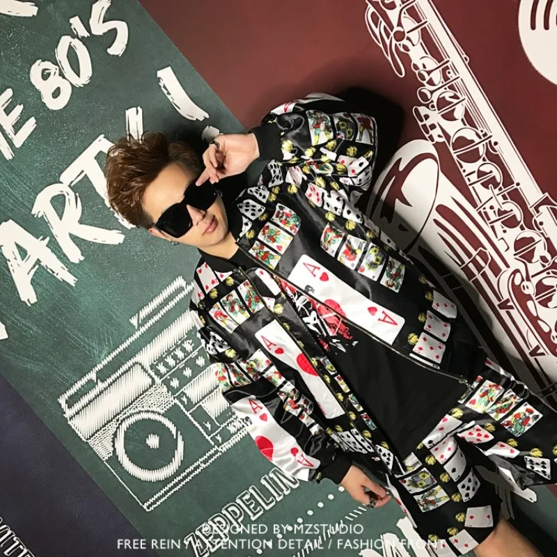 

Summer New Men Singer Coat Dj Nightclub Ds Hip Hop Rocker Performance Poker Baseball Jacket Male Fashion Shorts Suits Overcoat