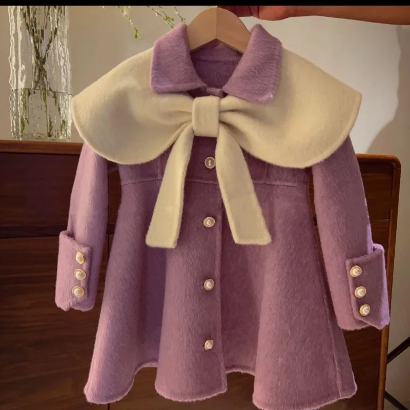 

Girls' woolen coat medium length 2023 autumn outfit new western-style purple bow children's coat