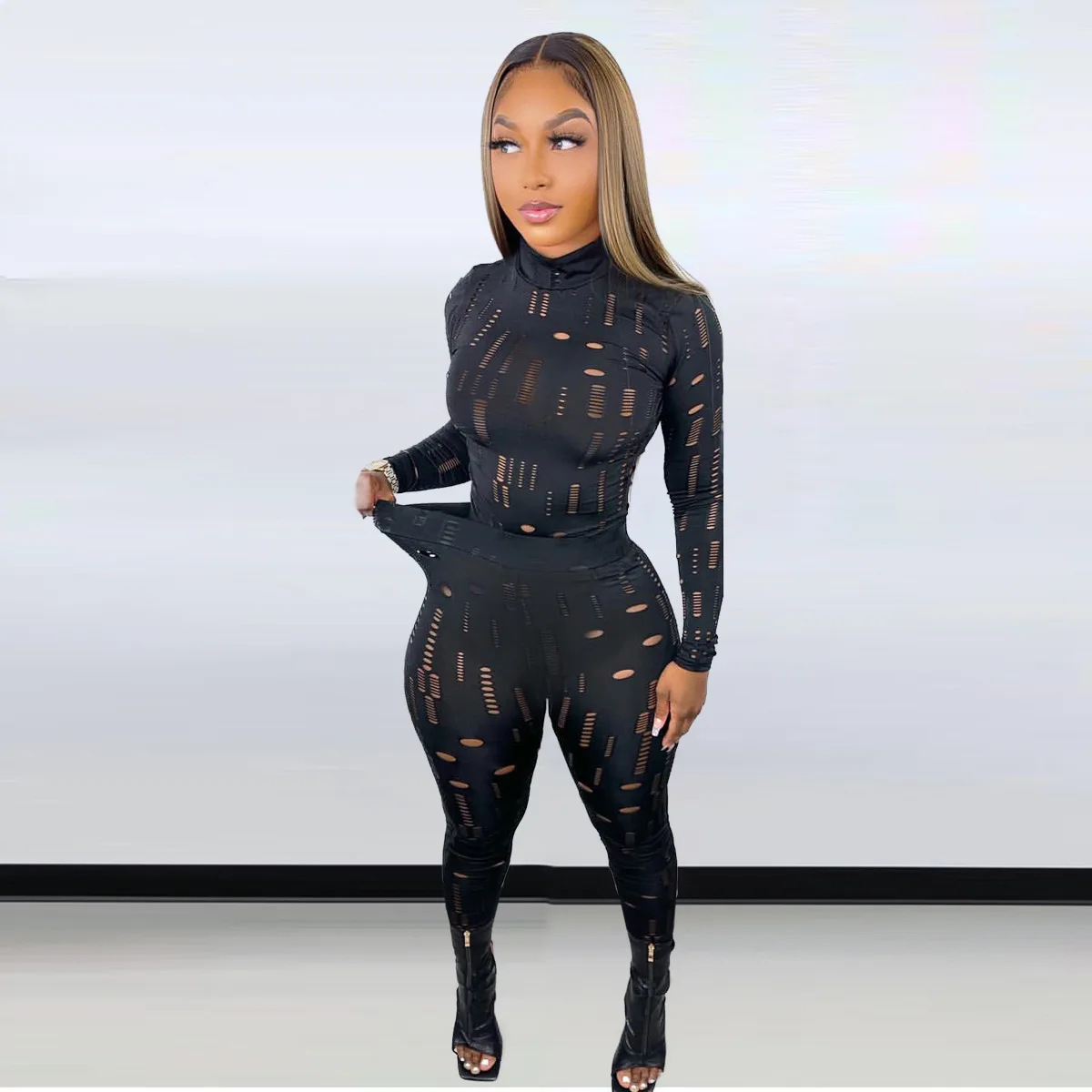2023 Spring Women's Suit Long-Sleeved High-Neck Top And Slim-Fit Trouser Outfits Ripped Lady Street 2-Piece Set