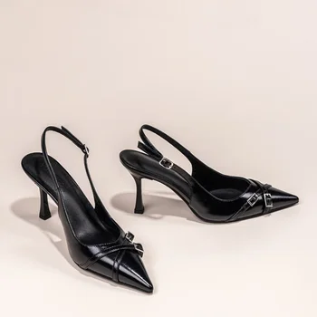 Fashionable Pointed Toe Shallow Mouth New High-heeled Shoes Summer Elegant Buckle Decorated Stiletto Black Women's Shoes NO:602 2