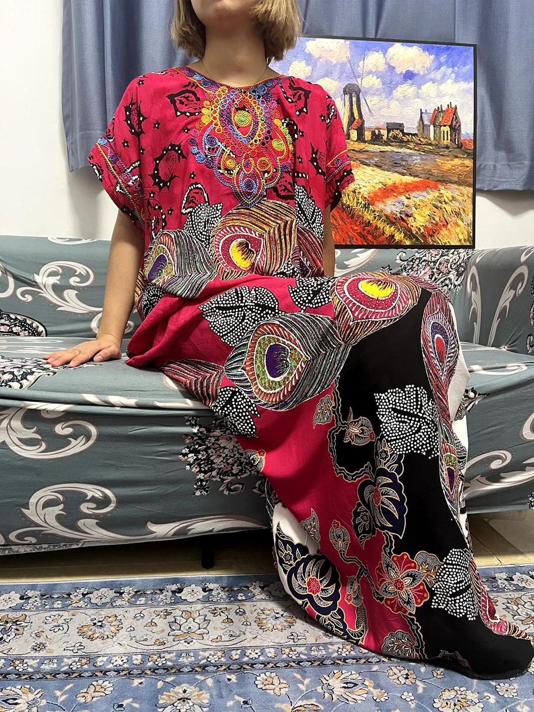 African Cotton Abayas For Women New Print Floral Round Neck Short Sleeve Muslim Novelty Loose Clothes Nigerian With Headscarf
