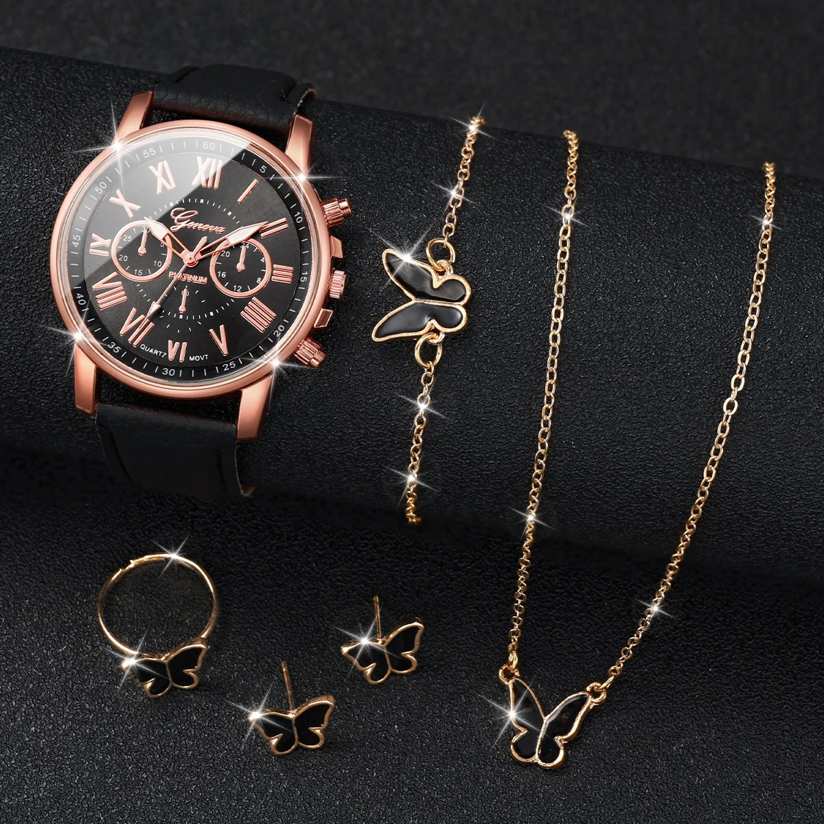 5PCS/Set Geneva Women Watches Fashion Leather Band Quartz Wrist Watch Butterfly Jewelry Set（Without Box） 4