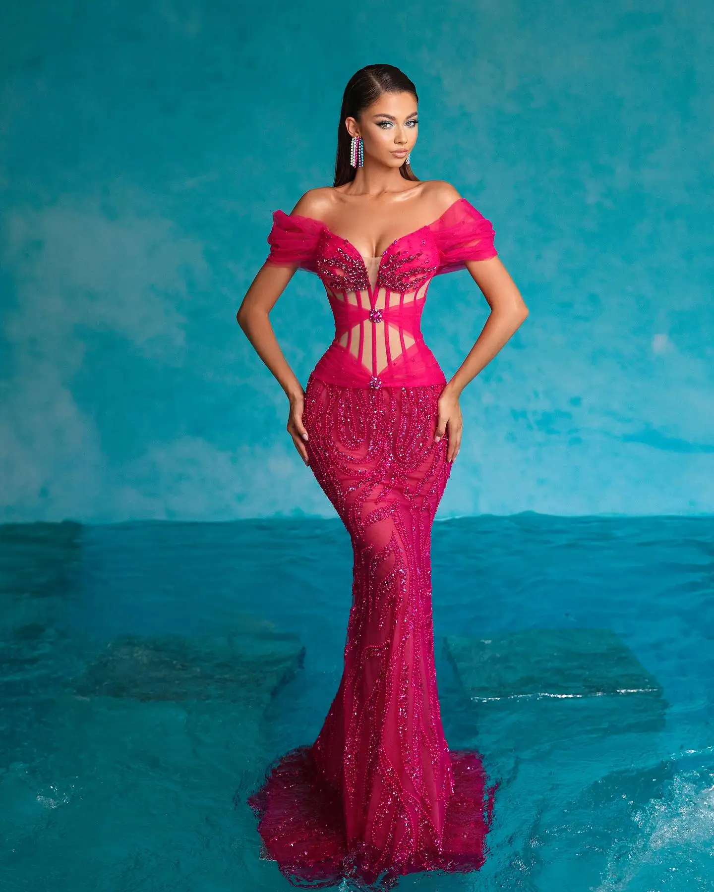 

Linyang Purple Off The Shoulder Prom Dress Floor Length With Beaded Evening Summer Elegant Party Dress For Women2023