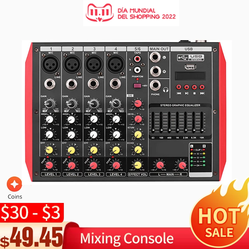 Portable 4/8/6channel Mixing Console Audio Mixer 7band Eq Builtin