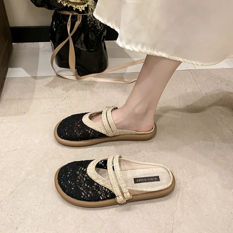 Large Size Women's Sandals Summer Hollow Breathable Vintage Slippers Lightweight Comfortable Fashion Buckle Strap Casual Flats
