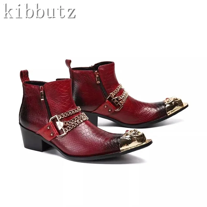 Man Genuine Leather High Heels Pointed Toe Boots Metal Capped Toe Chain Decoration Ankle Boots Fashion Party Wedding Shoes