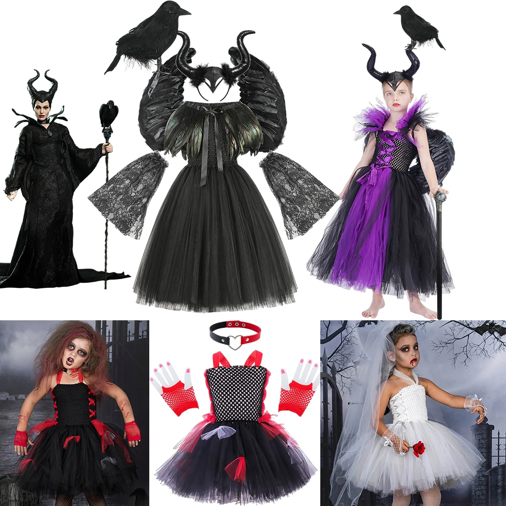 DISNEY Maleficent Evil Dark Queen Halloween Girls Costume Cruella Dresses Kids Vampirina Wedding Dress Children Cosplay Clothes