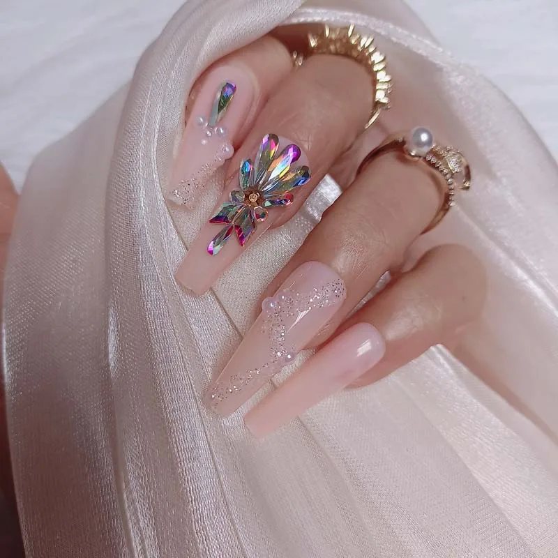 

24pcs latest luxury jewelry ballet coffin fake nails crystal diamond 2022 light pink