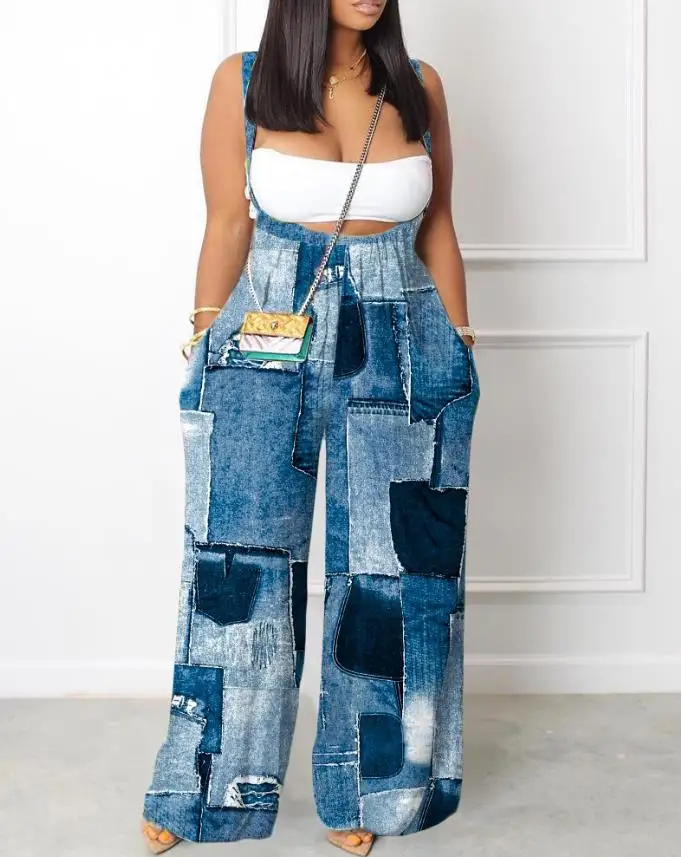 

Women's Casual Denim Look Print Wide Leg Suspender Jumpsuit Female Clothing Summer New Women Fashion Pocket Design Jumpsuits