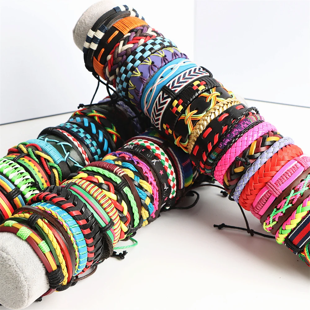 Leather bracelets 20Pcs/Lot Handmade Retro Vintage Leather Cuff Bracelets For Women Men Mix Styles Adjustable Party Gifts