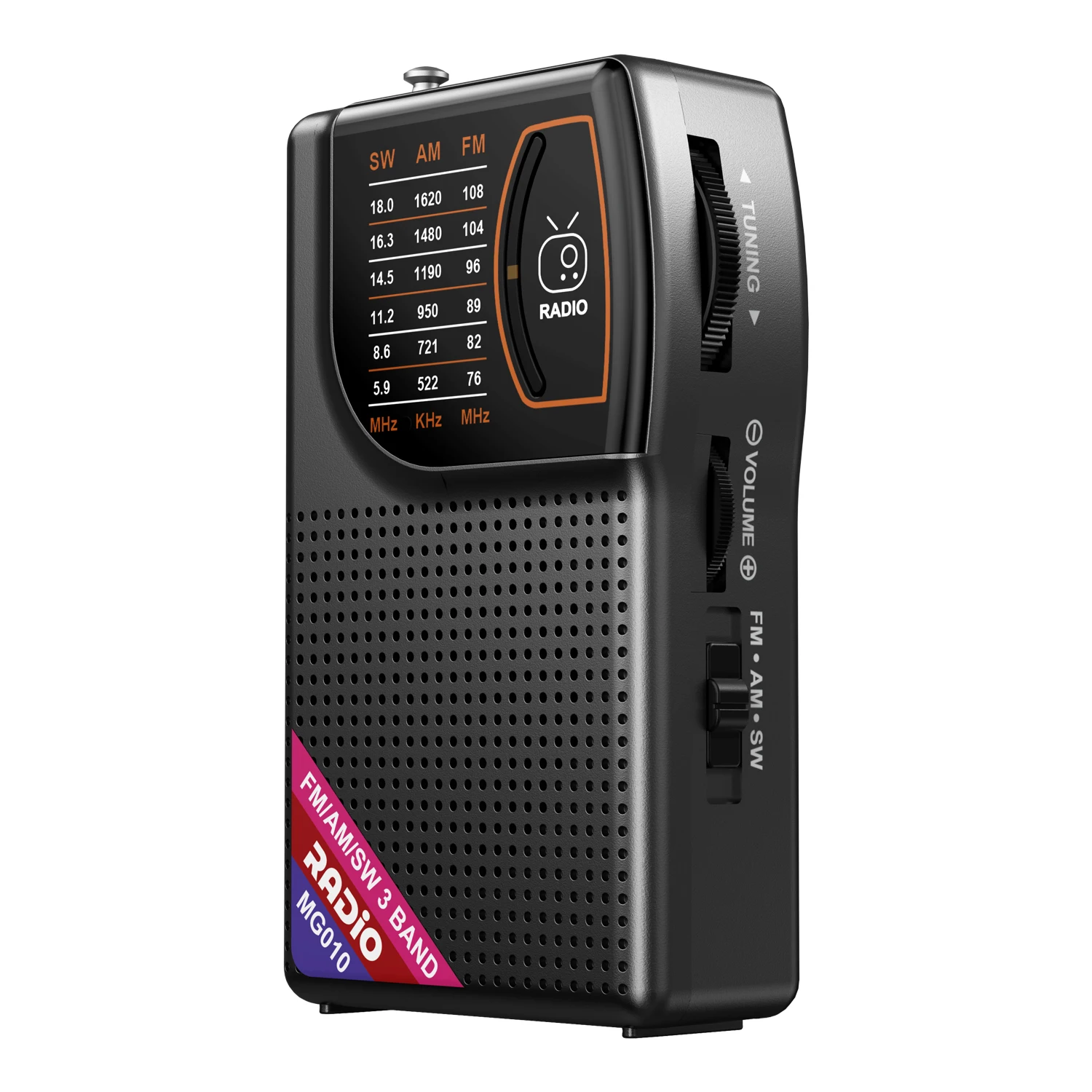 רדיו קומפקטי AM/FM/SW. סאונד חזק וצלול באמצעות רמקול גדול. אפשרויות חיבור חוטי מרובות. בגודל כיס. (שחור)