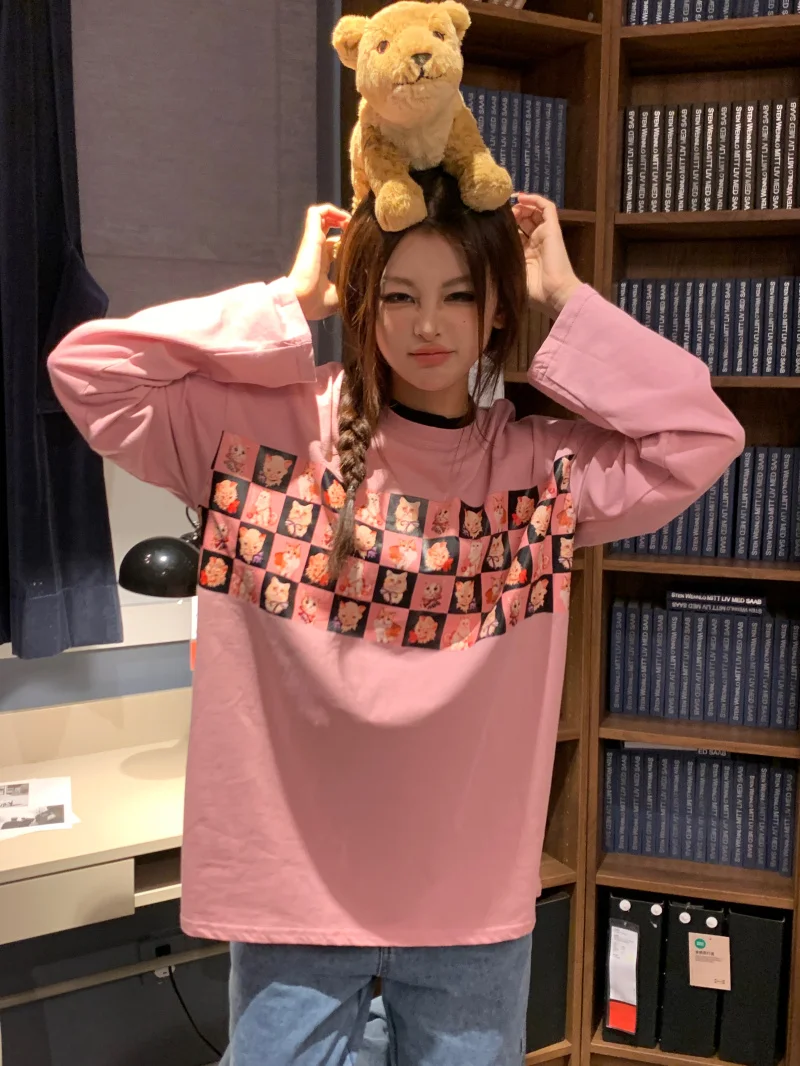 

2023 Autumn Female Cotton Tees Shirts Double-sided Printing Long sleeved T-shirt for Women Loose Lady Tops Hoodies Black Pink