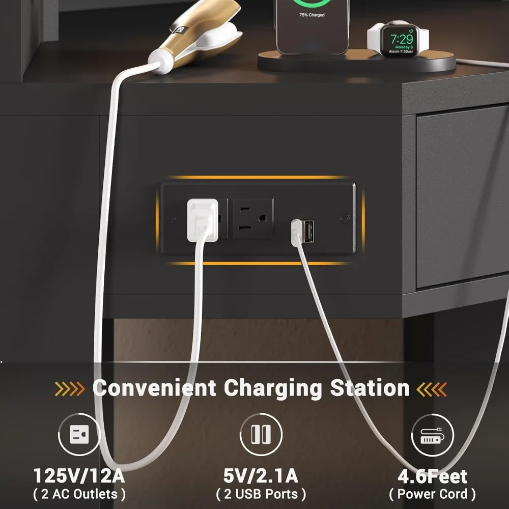 Corner Vanity Desk with Lighted Mirror, Makeup Vanity with Lights and Charging Station, Vanity Set with Mirror and Storage Stool