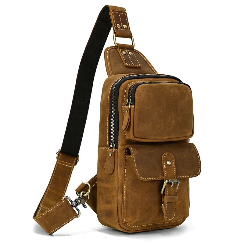 

Crazy Horse Leather Men Chest Bag Small Cowhide Travel Bag Vintage Real COW Leather Women Crossbody Bag Brown iPad Messenger Bag