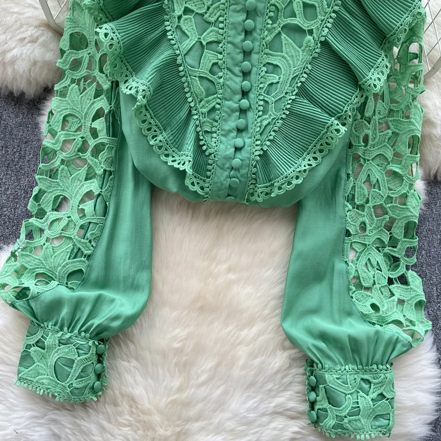 Frenchic-camisetas de ganchillo para mujer, camisa de un solo pecho, cuello levantado, manga farol, volantes, hueco, estilo corte - Image 5